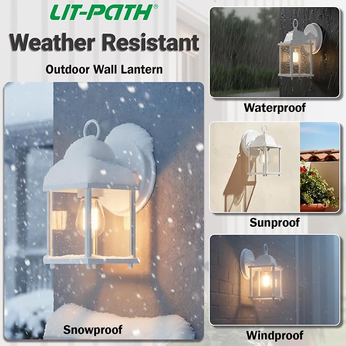 Outdoor Wall Light Fixture, Rustproof Aluminum, Clear Glass | Exterior Porch Light Wall Sconce Lantern for House, Patio, Garage, Waterproof, E26 Socket 60W Max, White, 2 Pack
