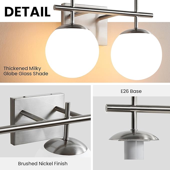 Brushed Nickel Vanity Light for Bathroom, 2-Lights Modern Vanity Lighting with Milky White Frosted Glass Shade, Bathroom Light Fixture Mid Century Wall Sconce (Exclude E26 Bulb)