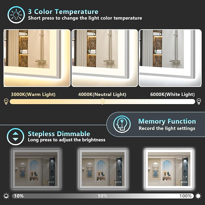 40x32 Inch Brushed Nickel LED Bathroom Mirror, Backlit & Front Lit | Silver Framed Anti-Fog Lighted Vanity Mirror with Lights, 3 Color Dimmable, Memory, HD Tempered Glass, CRI95, IP54, UL Listed