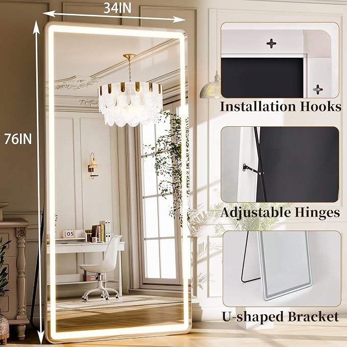 34x76 inch Full Length Mirror with Lights, LED Full Body Mirrors | Stepless Dimmable 3 Color Lighting Floor Standing/Hanging/Leaning/Wall Mounted Vanity Mirror for Bedroom Cloakroom (Rect)