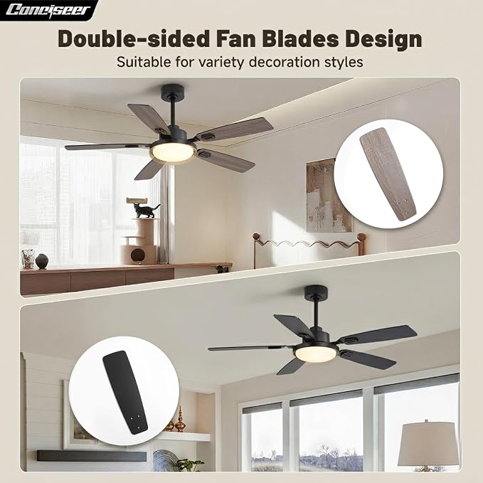 52 Inch Ceiling Fans with Lights and Remote, Bedroom Living Room Kitchen Office, 5CCT Dimmable,Dual Color 5 Blades, 6 Speed Reversible Quiet DC Motor, Double-Layer Lampshade, Black/Wood Grain