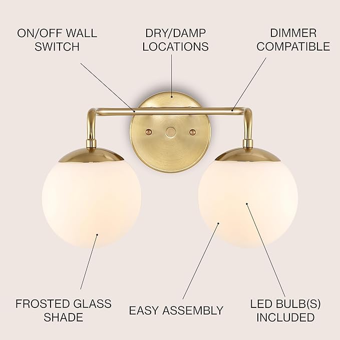 JONATHAN Y 15" Brass Gold Modern Globe Wall Sconce Vanity Light for Bathroom, White Frosted Glass Shade, Midcentury Parisian Bistro Wall Lamp, LED Bulb Included (JYL3535A)