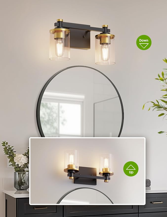 Bathroom Light Fixture, Bathroom Vanity Light Over Mirror, 2-Lights | Vanity Lights for Bathroom, Modern Lighting Fixtures with Clear Glass Shade, Black and Gold Vanity Lights, ETL Listed
