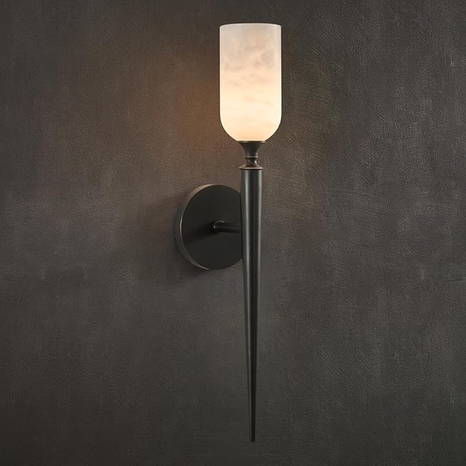21.6" Alabaster Wall Sconce, Antique Oil Rubbed Bronze Black Brass | Natural Spanish Alabaster, Handcrafted Solid Brass, Refined Material Pairing, Unique Marble Veining, Classic Vintage Style