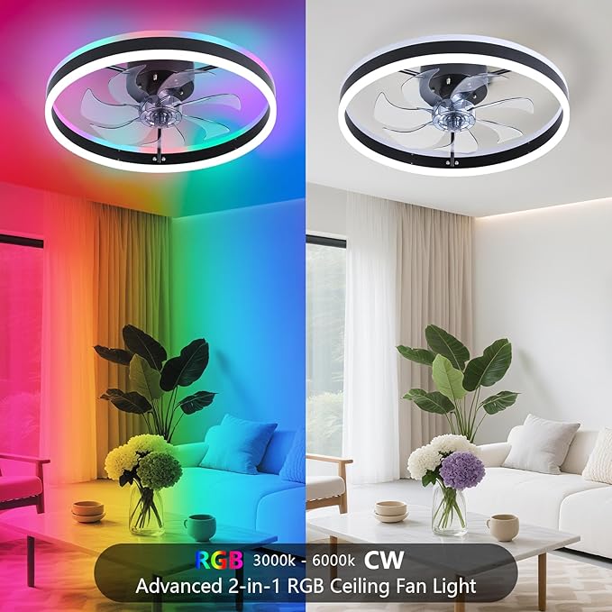 RGB Ceiling Fan with Light, 20'' Low Profile Ceiling Fans, Black Flush Mount LED Fan Light with Remote Control, Modern Bladeless Fandelier for Bedroom, Living Room, Kitchen