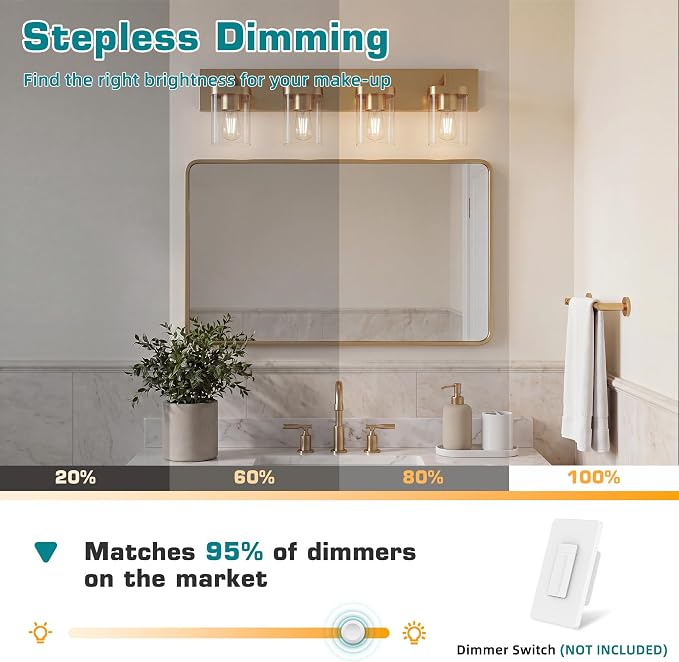 Bathroom Lighting Fixtures Over Mirror, Square Design & Rectangle Large Backplate, 4 Lights Modern Vanity Lighting Fixtures, Bathroom Light Fixtures for Bathroom/Living Room/Bedroom, Gold