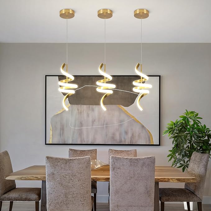 Modern Spiral LED Pendant Lights Kitchen Island, 22W Adjustable Height Hanging Light Fixture 5500K Gold Chandelier for Dining Room Cafe Table, 3 Pack