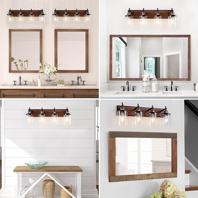 4-Light Farmhouse Bathroom Light Fixtures Vintage Bathroom Vanity Lights Over Mirror Black and Wood Painted Metal Vanity Light for Bathroom with Glass Shades E26 Socket