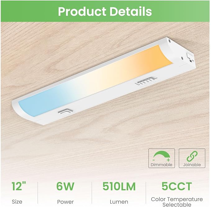 Under Cabinet LED Lights 12 Inch 6W 510LM, 5 Color Temperature 2700K/3000K/3500K/4000K/5000K Dimmable Under Counter Lights for Kitchen, Under Cabinet Light Fixture Interconnection up to 20 Lights