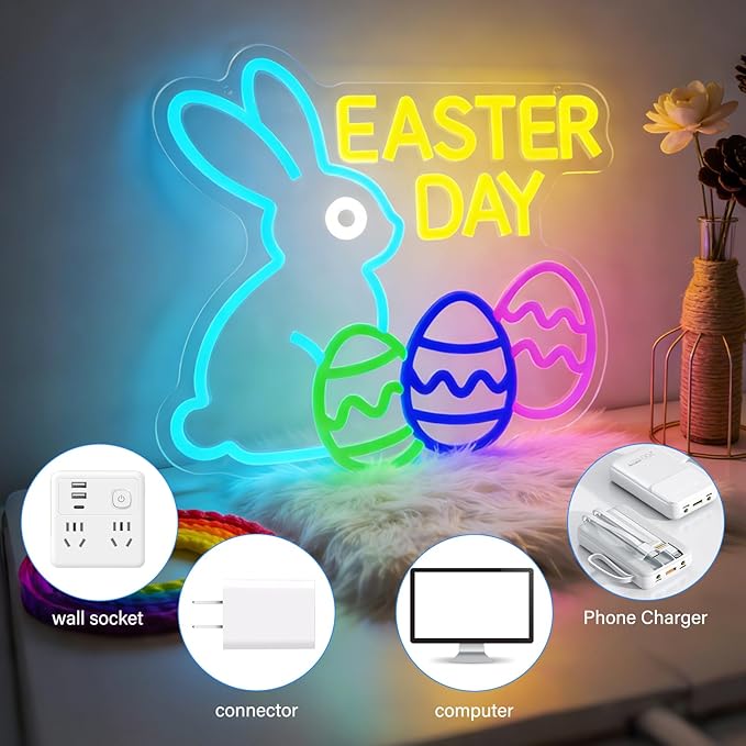 Easter Neon Sign Bunny Led Sign Egg Lights for Wall Decor Dimmable Happy Easter Rabbit Sign Decor for Party Door Window Easters Gifts for Kids