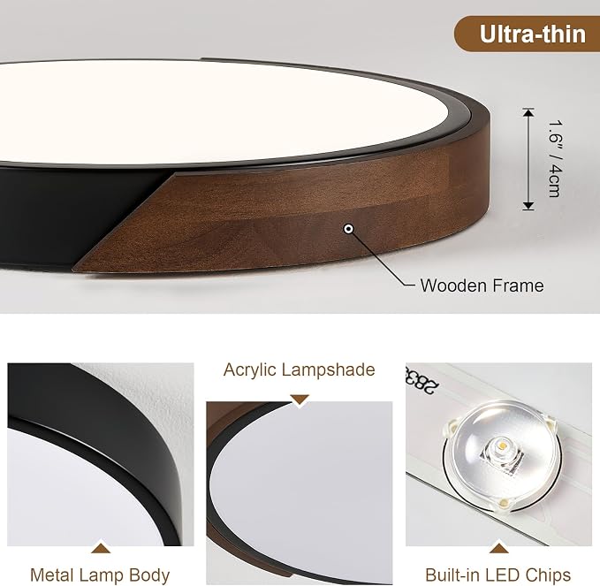 Modern LED Ceiling Light, Dark Walnut Wood Flush Mount Ceiling Light Fixture, 4000K Not Dimmable, Minimalist Circle Lighting Lamp with Acrylic Lampshade for Hallway Entryway Bedroom 11.8"