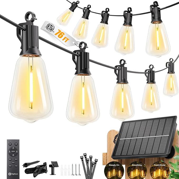 Brightown 76FT Solar String Lights Outdoor Waterproof, 26Hrs Runtime | 23+1 LED Bulbs, USB & Solar Powered, Remote Control & Dimmable Timer, Ideal for Backyard, Garden, Camping & Party Decor