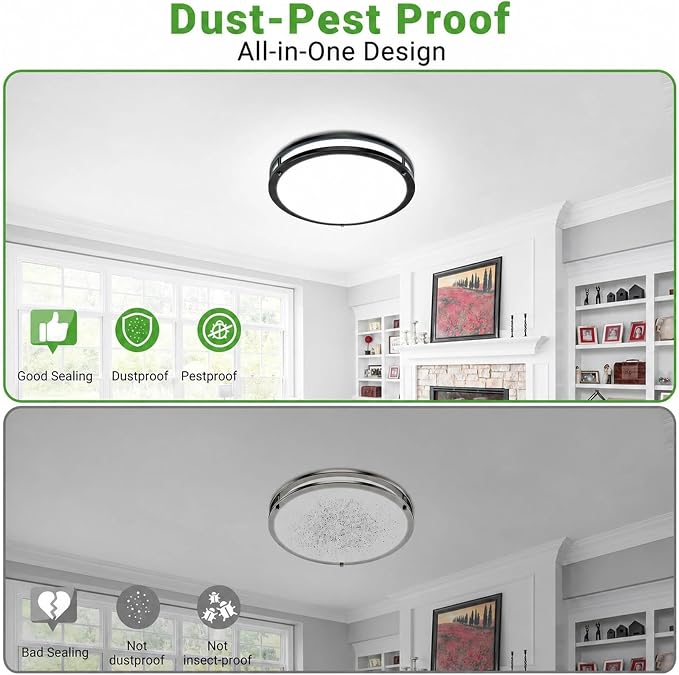 zemty 10Inch Black LED Flush Mount Ceiling Light Fixture, Dimmable &5CCT(3000K-6500K) Adjustable, 15W IP44 Damp-Rate Ceiling Lamp for Hallways, Bathrooms, Closets, Laundry Rooms-4Pack