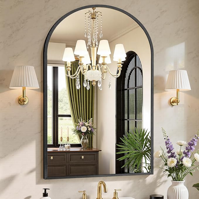 NEWBULIG 26X38 Inch Arched Bathroom Mirror for Wall, Vanity Bathroom Mirrors for Over Sink Tempered Glass, Anti-Rust Arched Metal Framed, Hangs Horizontally or Vertically, Farmhouse Home Decor, Black