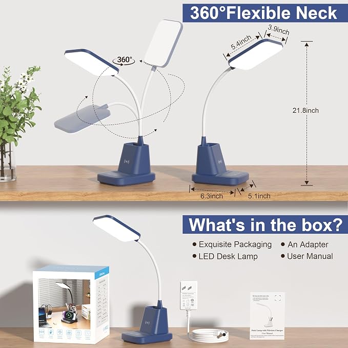 LED Desk Lamp with 10W Wireless Charging & Pen Holder, Navy Blue | CRI 95, 800LM, Stepless Dimming, 3 Modes, 360°Flexible Arm, Touch, Study Table Lamp for Home Office, Dorm Room, with Adapter