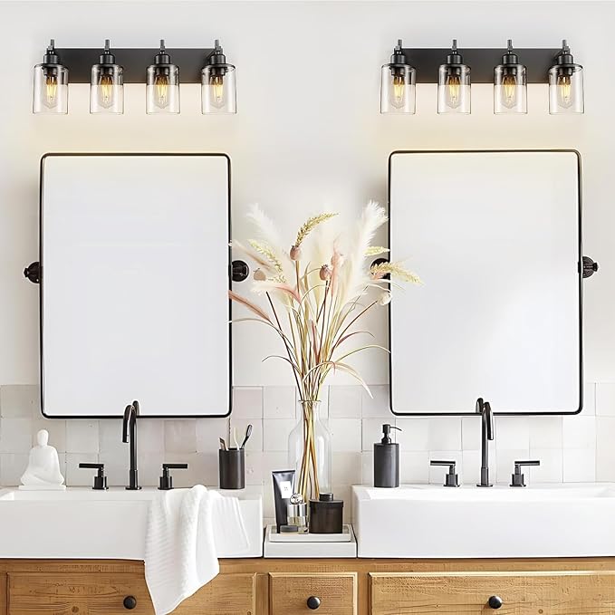4-Light Black Bathroom Light Fixture Over Mirror Modern Farmhouse Bathroom Vanity Light Vintage Wall Lighting with Clear Glass Shade for Bathroom, Bedroom, Hallway, Cabinet