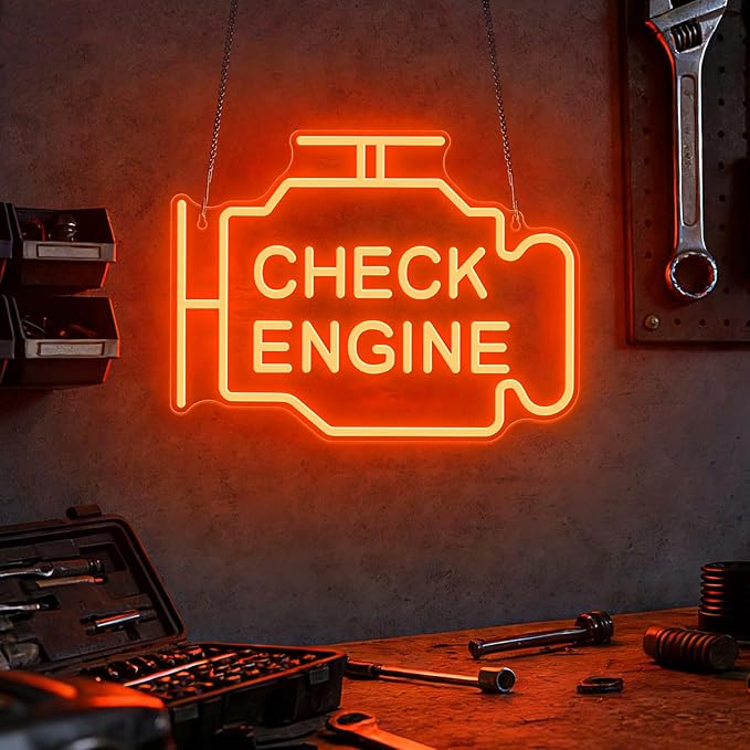 Check Engine Neon Signs for Wall Decor, Garage Led Neon Light Sign for Man Cave Decor, Funny Gifts for Dad & Car Guys, Mechanics, Auto Repair Shop, Workshop, Garage Decor, USB Powered