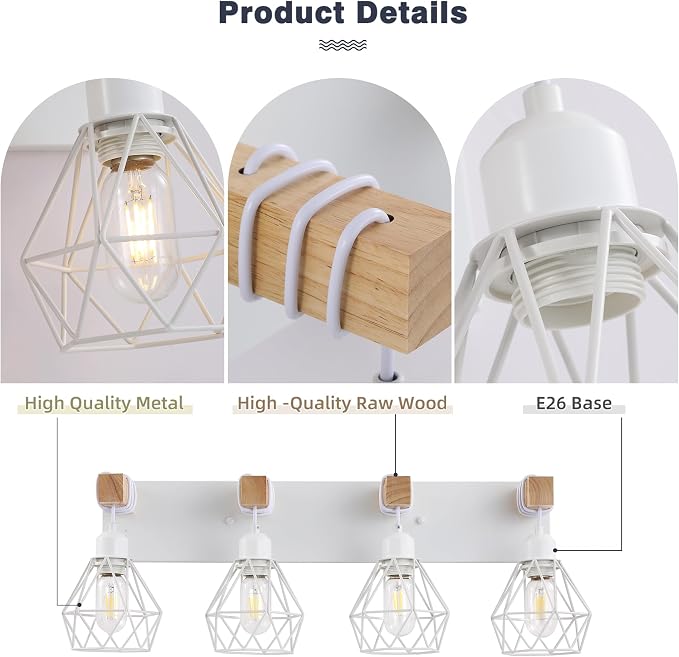 maesta 4 Light Bathroom Vanity Light, Farmhouse White Fixture Over Mirror | Farmhouse Bathroom Light Fixtures, Wood & Metal, Anti-Rust Easy to Install for Rustic Bathroom Hallway