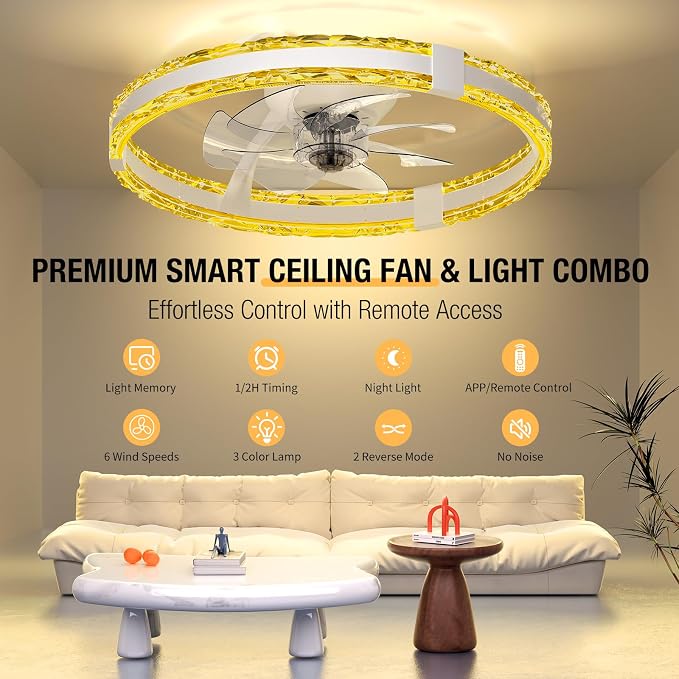 Ceiling Fans with Lights and Remote, 20'' Low Profile Flush Mount Ceiling Fan with 6 Speeds & 3 Color Temperature, 3000-6500K Dimmable Led Fandelier for Bedroom Livingroom, White