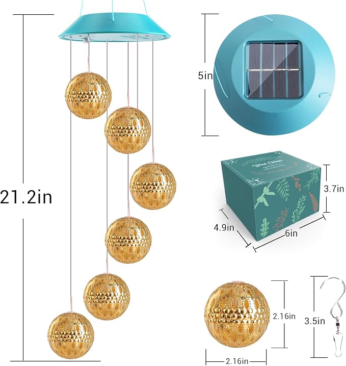 Toodour Solar Wind Chime, Color Changing Moroccan Ball Wind Chimes | LED Decorative Mobile, Gifts for Mom, Waterproof Outdoor Decorative Lights for Garden Patio Party Yard Window Outdoor Decor