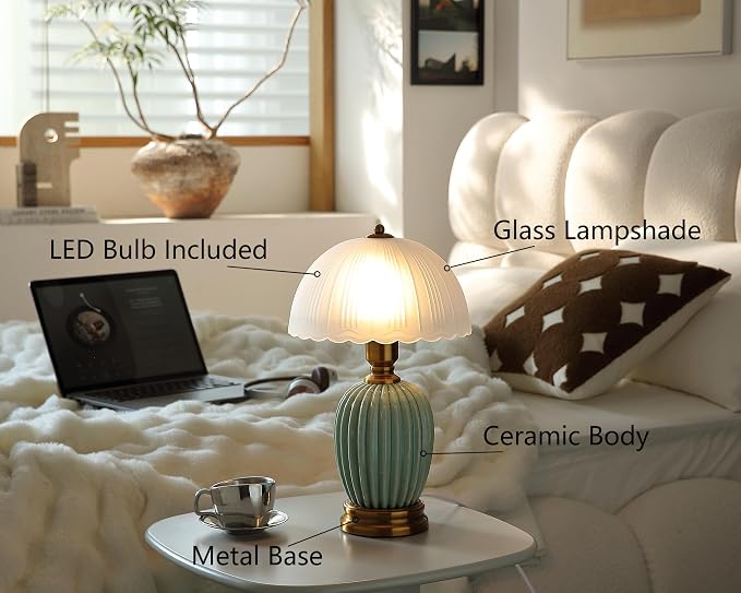 Glivpny 16" Vintage Ceramic Table Lamp for Bedroom,Mushroom Lamps (LD003) | Mid Century Modern Ceramic Lamps for Living Room,Retro Bedside Glass Lamps, Classic Chinoiserie Green Lamp for Home Decor