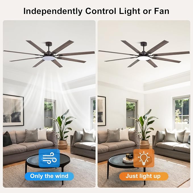 80 Inch Ceiling Fans with Lights and Remote, Bedroom Living Room Office Library Cafe Outdoor Industrial, 5CCT Dimmable, Dual Color 8 Blades 6 Speed Reversible Quiet DC Motor, Brown/Wood Grain