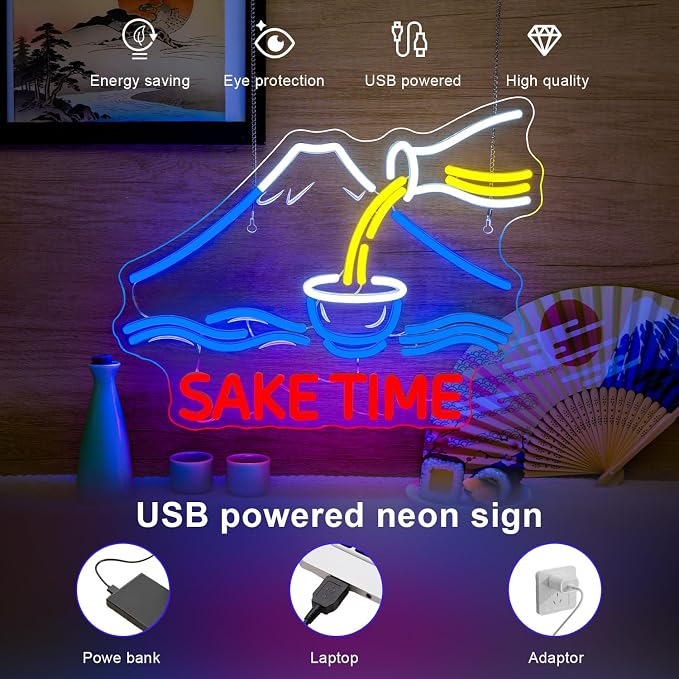 Sake Time Neon Signs for Wall Decor Bar Neon Light Up Bar Home Bedroom Sake LED Signs for Japanese Art Wall Decor Mount Fuji LED Light Gifts for Anime Lover Party