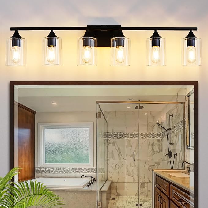 6-Light Matte Black Bathroom Light Fixtures, Over Mirror with Clear Glass Shade, Wall Light Sconce for Vanity Table, Hallway