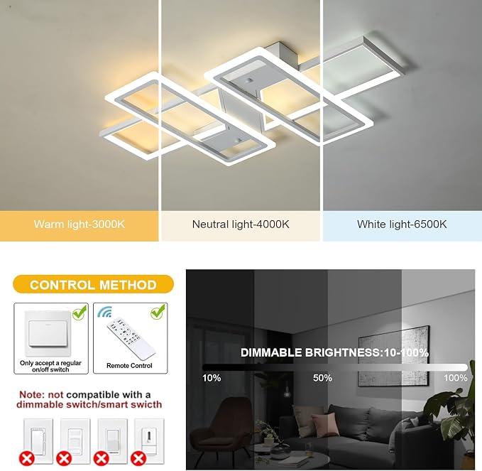 GEADI 35.4" Modern LED Ceiling Light, Dimmable White Flush Mount Chandelier | 80W 4-Square Geometric Ceiling Lamp with Remote, 3000K-6500K Dimming, Memory, 4800 Lumens, Low Profile for Bedroom, Kitchen