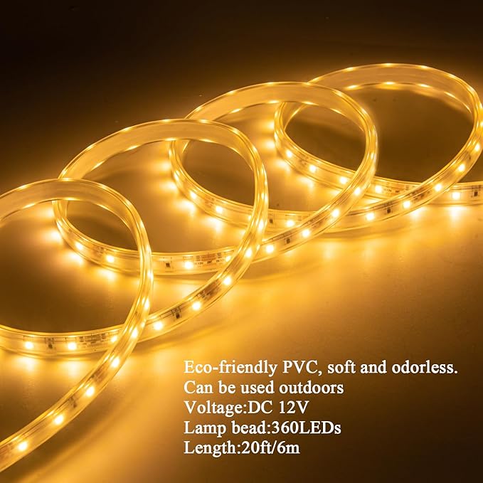 20FT Warm White Rope Lights Outdoor, 12V IP65 Waterproof Led Rope Lights Indoor Cuttable, Flexible Led Strip Lights Cuttable Plug-in for Patio Deck Bedroom Kitchen Bedroom Christmas