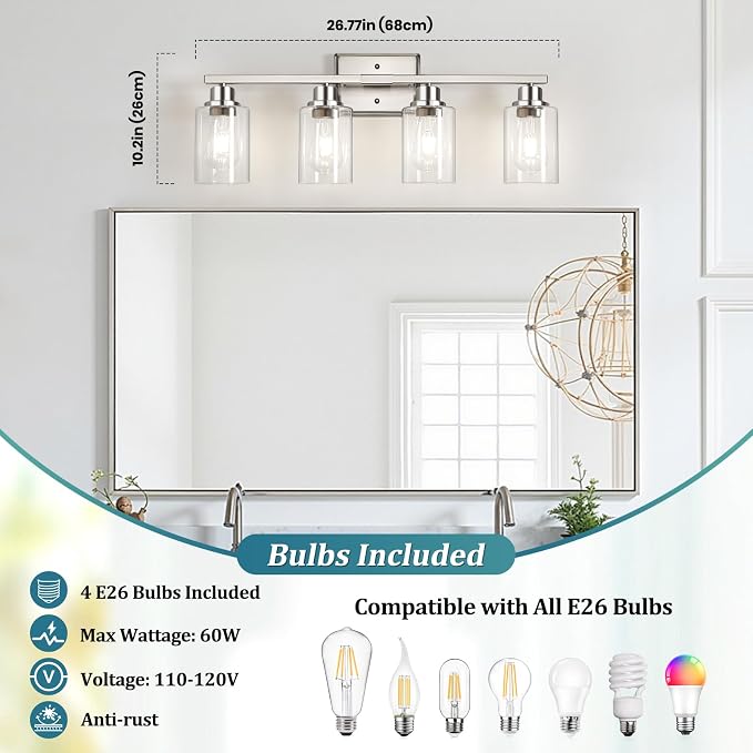 Modern Brushed Nickel Bathroom Light Fixtures, 4-Light Vanity Lights Over Mirror with E26 LED Bulbs Included, Wall Sconce with Clear Glass Shades for Living Room Bedroom Hallway Kitchen