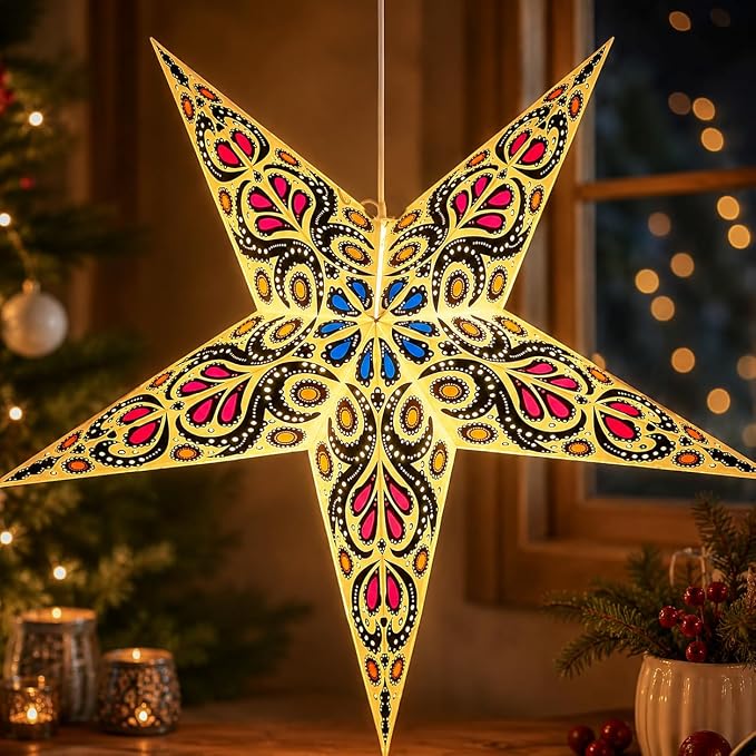 Lantern Lampshade Paper Star Light Shades Large 60cm Hanging Decorations for Christmas Wedding Home Decoration Birthday Party Foldable 5 Pointed Star (White, Black, Blue, Maroon)