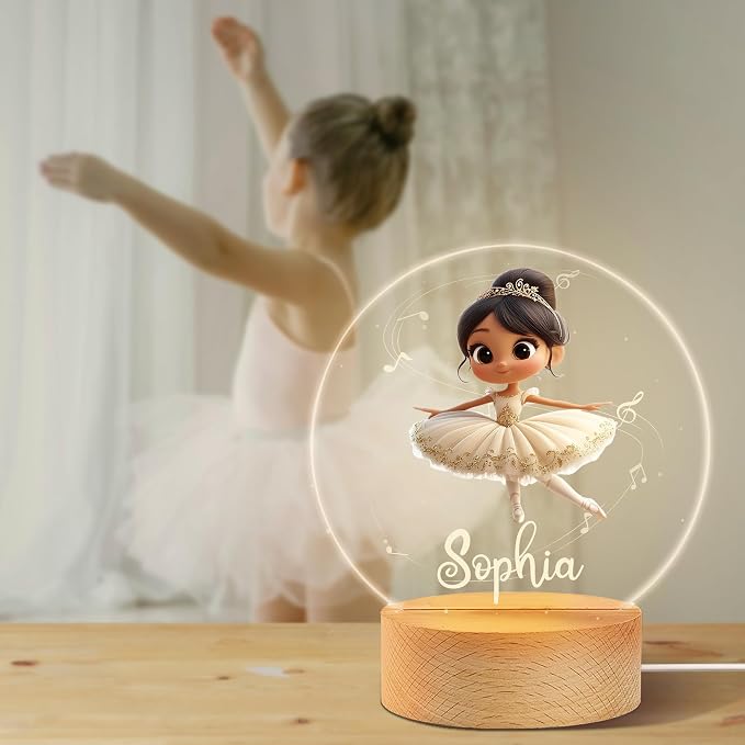 Personalized Ballet Night Light - Custom Name, Cute Acrylic Ballerina LED Light Lamp with Wooden Base for Bedroom Decor, Gifts for Kids Girls