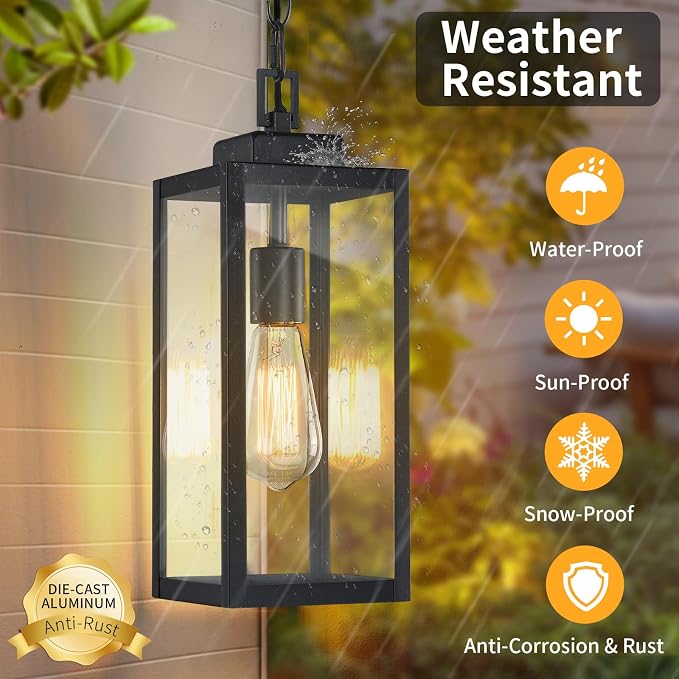 15'' Outdoor Pendant Light 2 Packs, Outside Chandelier Hanging Lantern | Large, Modern Outside Chandelier, Matte Black with Clear Glass, Exterior Pendant Lighting Fixture Ceiling Mount for Porch