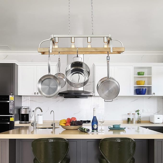 WUZUPS 4-Light Metal Pot Hanging Rack Chandelier Imitation Light Wood Grain Linear Pendant Ceiling Lighting Rustic Farmhouse Fixture Kitchen Island Dining Room, H 9.8" L 34.6" W11.8, E26 Base, Nickel