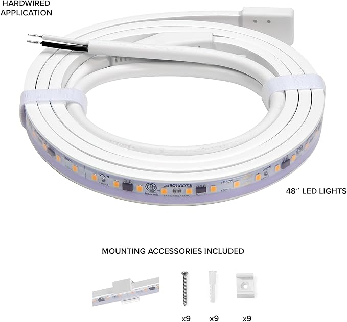 Maxxima 48 in. Hardwired LED Under Cabinet Strip Light, 1840 Lumens, 3000K Warm White, Kitchen and Living Room 120V White Cove Lighting, No Power Supply Needed