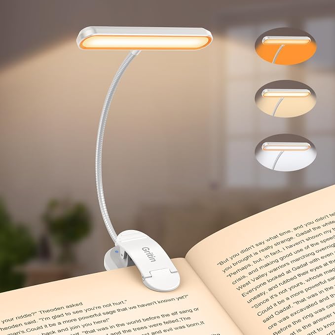 Gritin Rechargeable Book Light for Reading in Bed with 19 LED | Eye Caring 3 Color Temps, 5 Brightness Levels, Memory Function, 90 Hrs Runtime Flexible Goose Neck Clip on Light-White