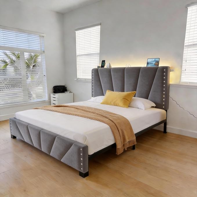 EnHomee Twin Bed Frame with LED Lights & USB, Noise-Free, Grey | Adjustable Velvet Headboard，Under-Bed Storage，Heavy Duty Support with 12 Slats，No Box Spring Needed，Easy Assembly for Bedroom