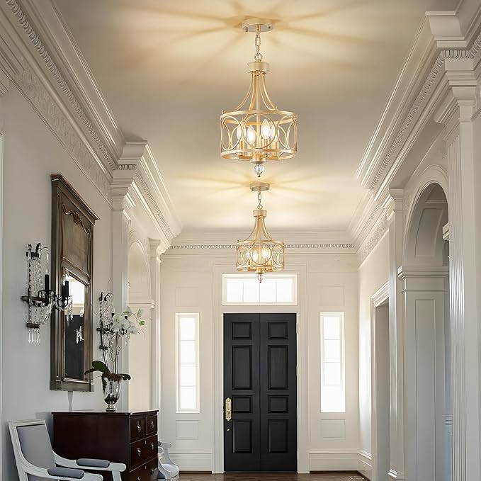 Gold Chandelier,11.2in Farmhouse Lantern Pendant Light Fixture,Adjustable Hanging Ceiling Lamp,for Kitchen Island,Bedroom,Entryway,Dining Room