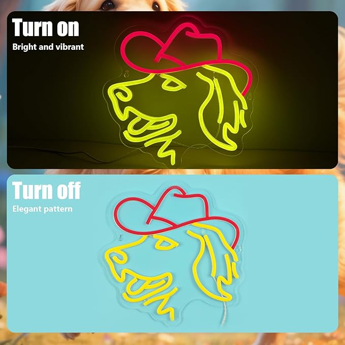 Golden Retriever Neon Sign Cute Dog with Cowboy Hat LED Light Signs Retro LED Signs Red and Yellow Neon Sign for Bedroom Home Wall Decor Western Birthday Wedding Party Decorations Dog Lovers Gifts