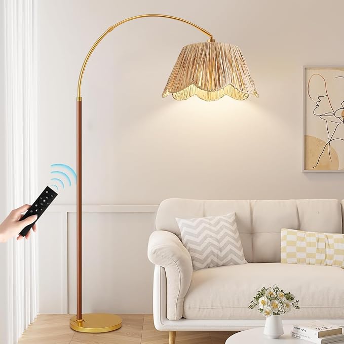 Vintage Arc Floor Lamps for Living Room Farmhouse Wood Floor Lamp with Remote Control,Dimmable Rattan Floor Lamp Boho Standing Lamp with 3 Color Temperature Wicker Tall Floor Lamp for Bedroom Corner