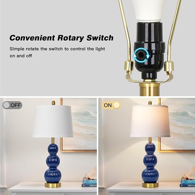 28" Navy Blue Table Lamps Set of 2 for Living Room, Modern Ceramic Bedside Lamps for Bedroom, Ribbed Gourd Table Lamps for Nightstand (2 LED Bulbs Included)