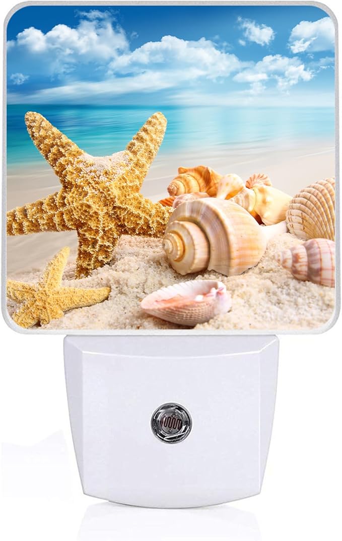 Ocean Beach Summer Night Light, Plug-into Starfish Seashell Sea Nightlight White LED Lamp, Energy Efficient Decor Desk Lamp for Bedroom Hallway Stairs Bathroom
