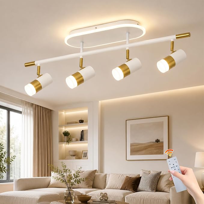Jaycomey 4-Light LED Track Lighting Fixtures Ceiling, 41W Dimmable Track Light with Remote, 3000K-6500K Adjustable Ceiling Light Spotlights, 35 in White Gold Light Fixture for Kitchen Bedroom