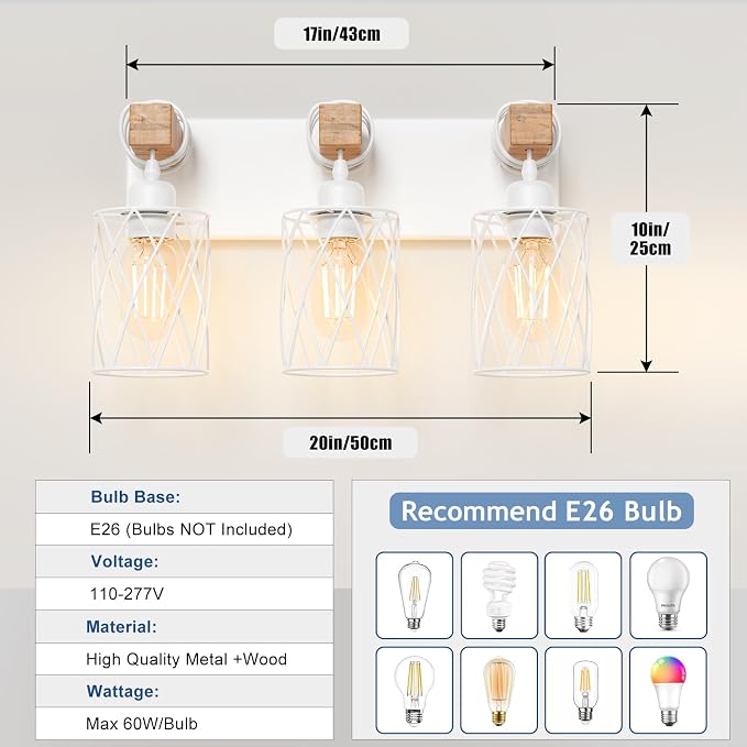 IZORRO Farmhouse Bathroom Vanity Light, 3-Light Wood Bathroom Light Fixtures Over Mirror, Matte White Industrial Vanity Lights with Metal Shade, Rustic Restroom Lighting Fixtures