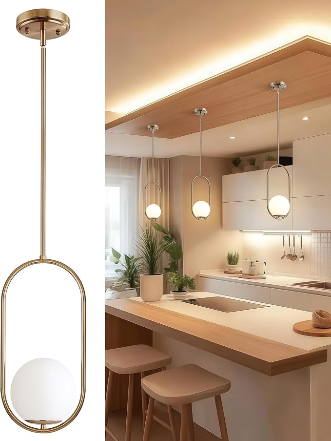 Majade Pendant Lights Kitchen Island, Mid Century Modern Pendant Light Fixtures, Champagne Bronze Globe Glass Pendant Lighting, Chandelier Adjustable Hanging Light for Dining Room Bathroom Bedroom