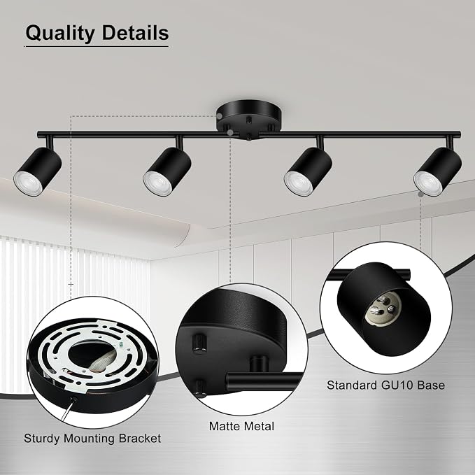 AUQUEE 4 Light Track Lighting Fixtures Ceiling, Black Kichen Track Lighting Fixtures with Rotatable Light Heads, Foldable Lamp Arms, Modern LED Track Lights for Kitchen/Hallway, No GU10 Bulb