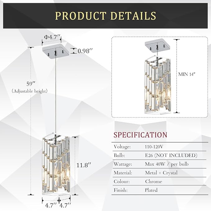 CATINER Chrome Crystal Pendant Light 3-Pack, Kitchen Island, E26 | Chrome crystal pendant lights 3-pack with adjustable 59" cords, E26 base, dimmable for kitchen island lighting