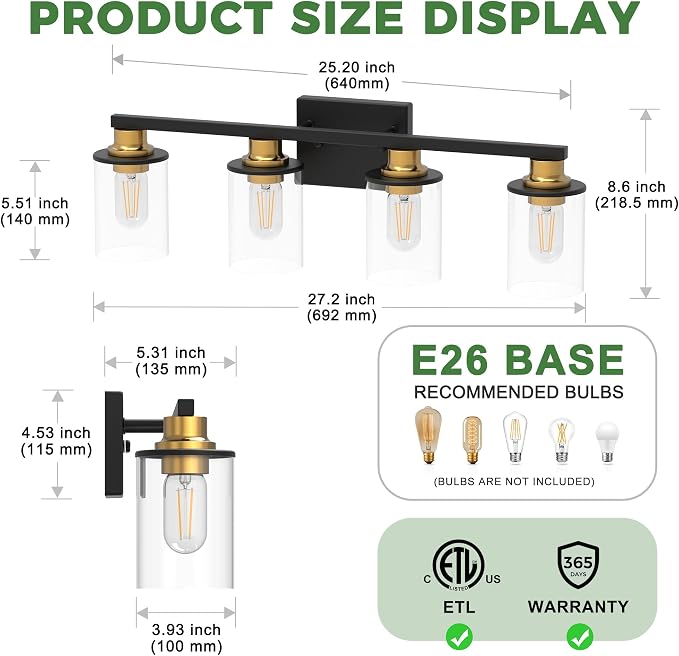 4-Light Black and Gold Bathroom Vanity Light Fixture Over Mirror | Modern Vanity Light Fixture, E26 Vanity Light Fixture With Clear Glass Shade, Wall Sconce for Hallway Bedroom Living Room