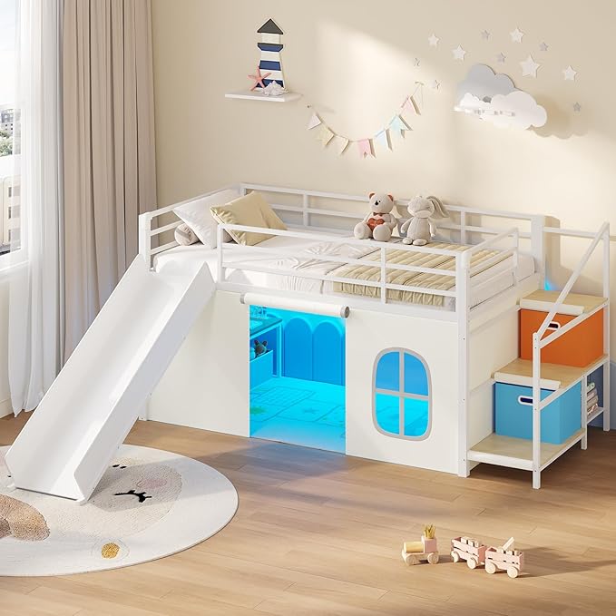 DICTAC Low Loft Bed with Slide,Storage Stairway and Led Lights Metal Twin Size Loft Bed with Under-Bed Play Space,Art Table & Play Curtain Twin Beds with 2 Drawers and 13.8''H Safety Guardrail,White